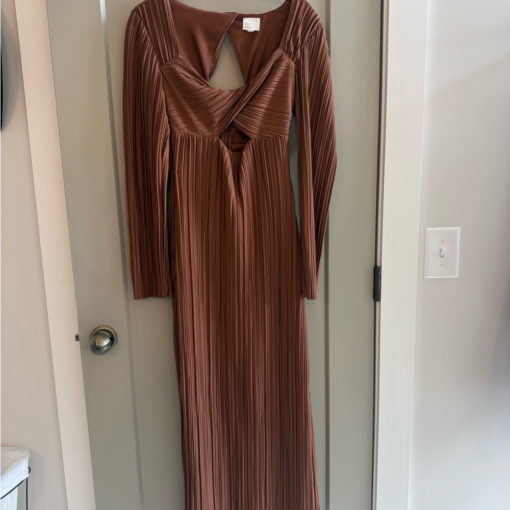 Long Sleeve Copper Pleated Cutout Maxi Dress